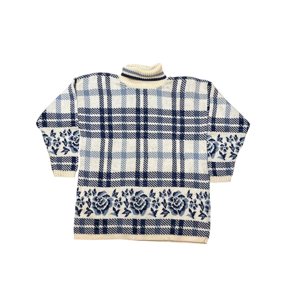 Vtg 90s Delia McKain cobalt & Cream floral 100% cotton turtleneck sweater L